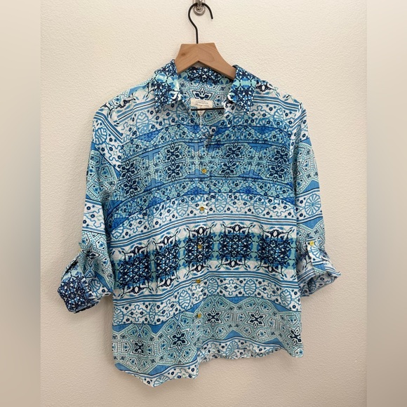 Charter Club Tops - NWT Charter Club Linen Button‎ Down Shirt Long Sleeve Blue Mint Petite Large